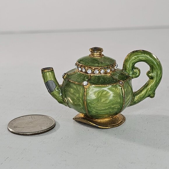 Miniature Green Teapot Candle Snuffer Rhinestone Accents Gold Trim Lead Enamel - Picture 9 of 9